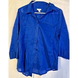 Chico's Women's 1 Large L Blue Button up Basic Scanide Top Indie Office Summer